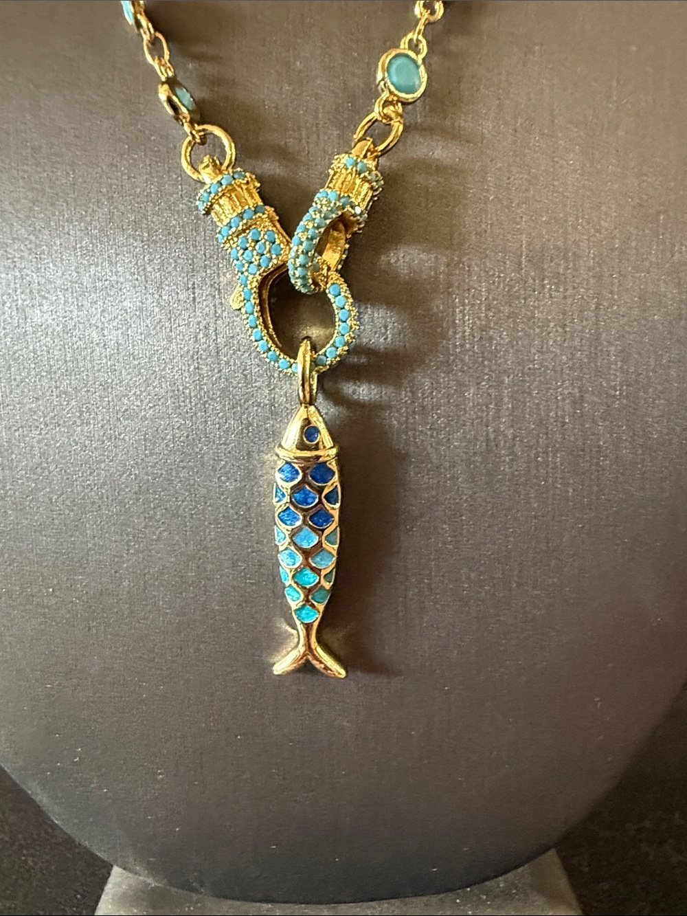 Freida Rothman Gold and Turquoise Enamel Fish Pendant Necklace - Picture 2 of 4